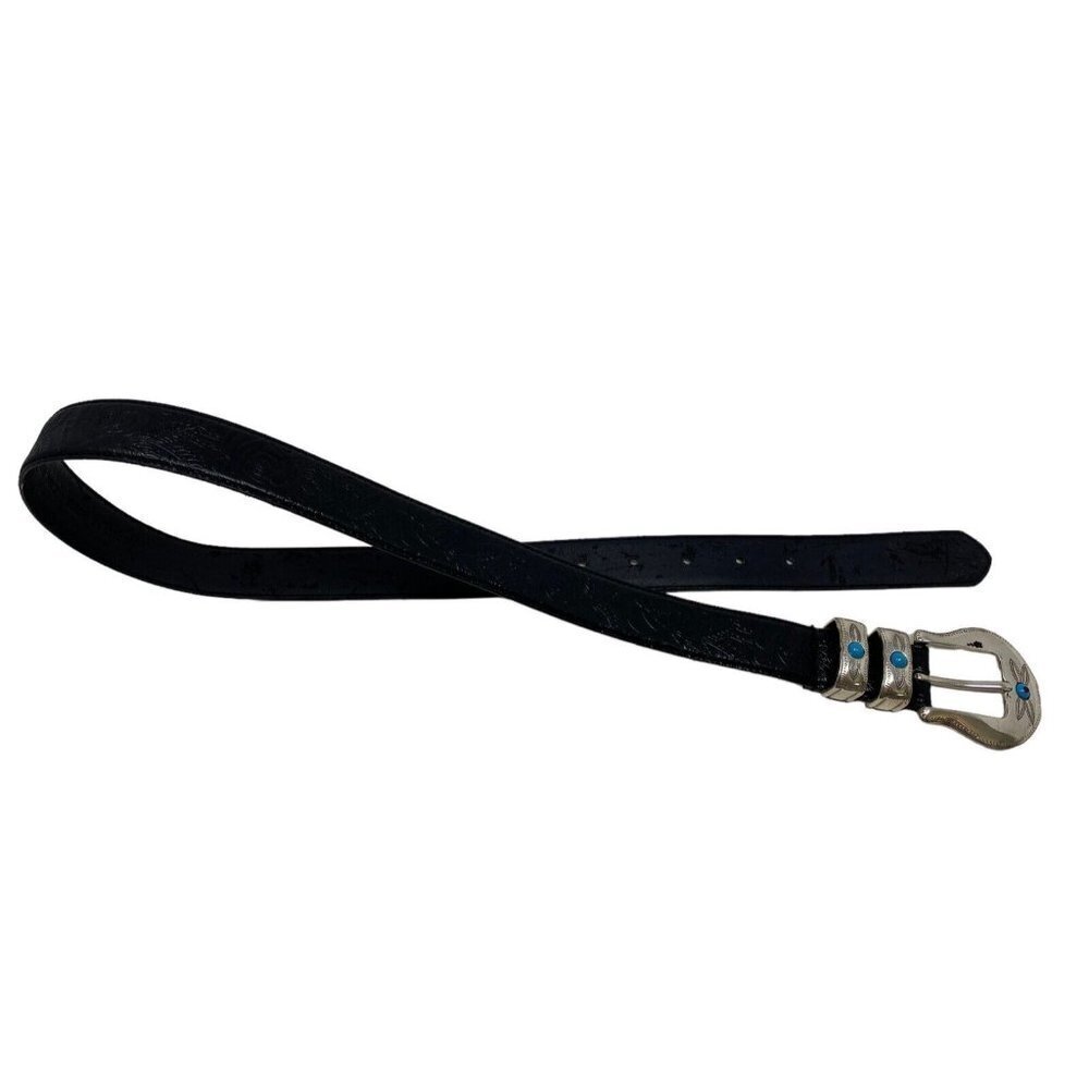 Steve Madden Rose Embossed Leather Black Belt‎ Turquoise Accent Western Style